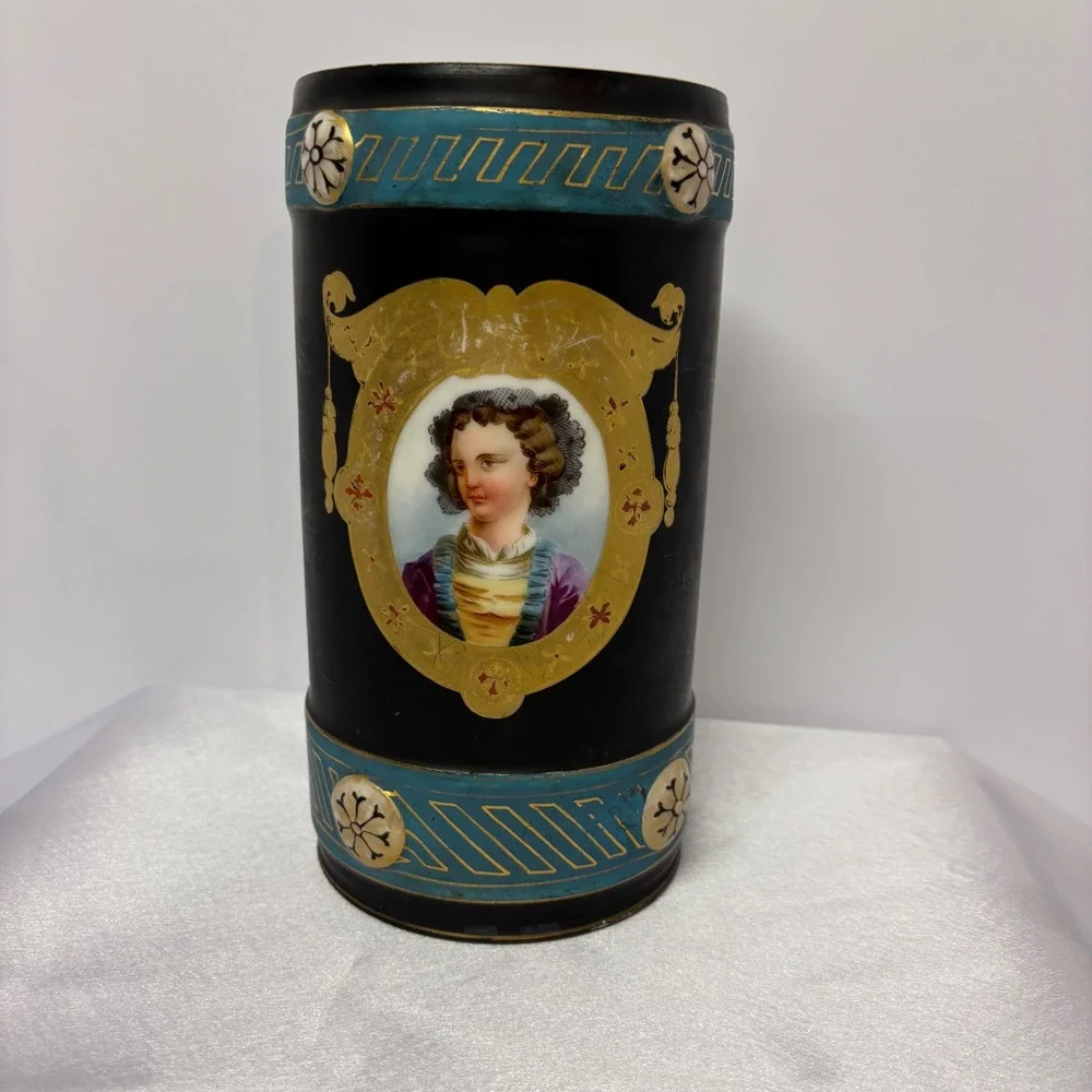 Antique Old Paris Porcelain Portrait Vase Black Gold Trim Decorative‎